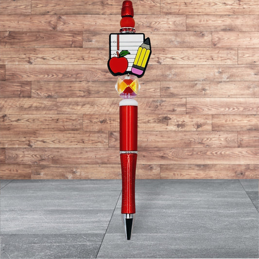 Teacher Themed Silicone Beaded Pen - Paper Apple and Pencil