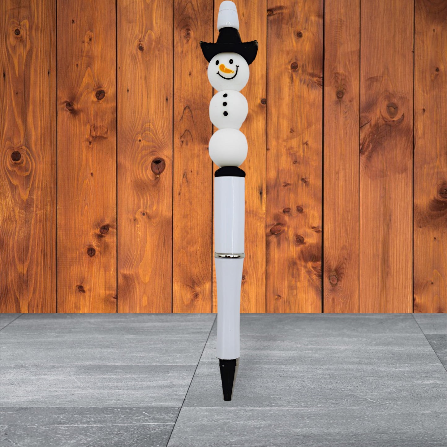 Winter Themed Beaded Pen - Snowman with Black Cowboy Hat