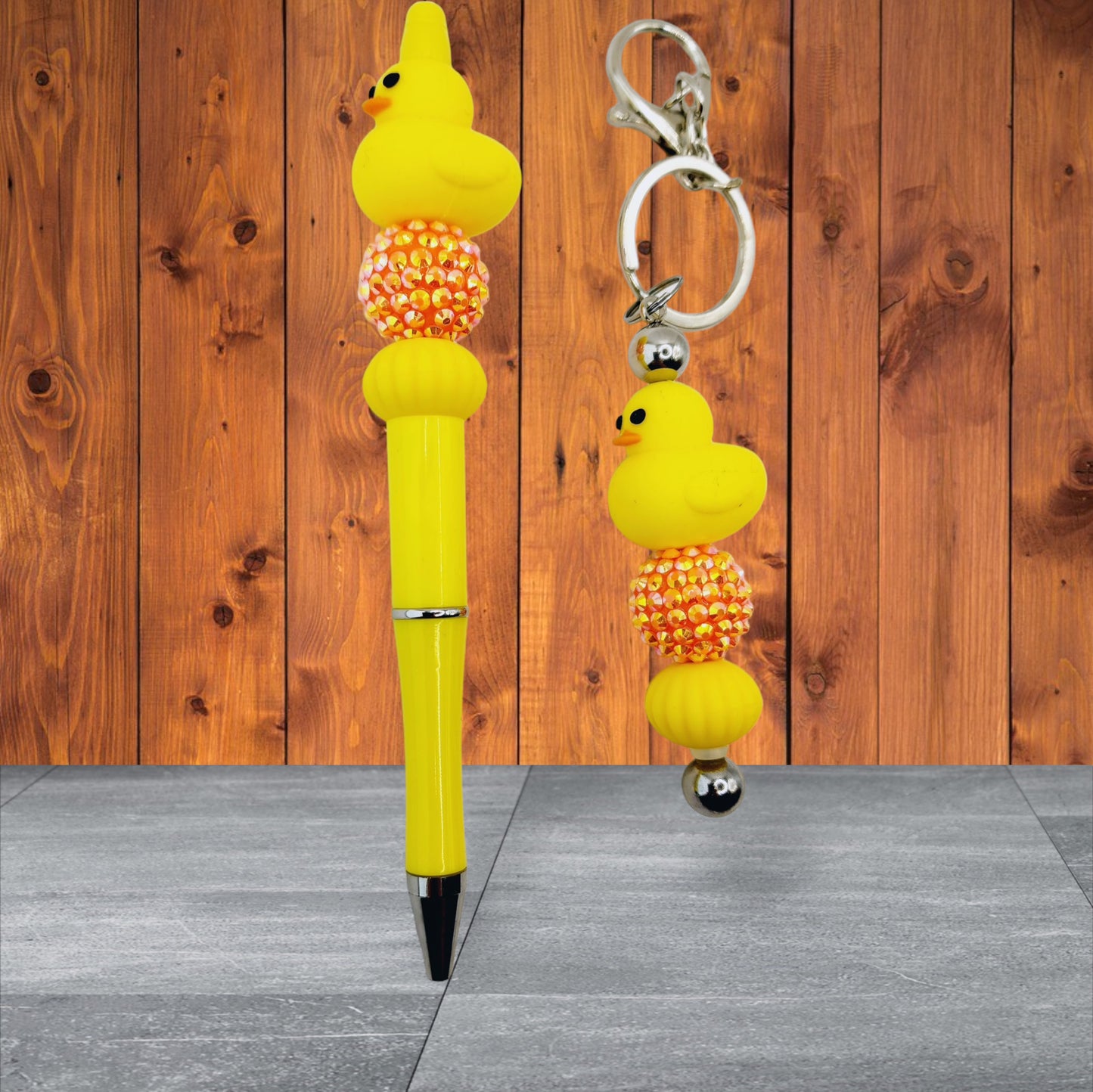 Rubber Duckie Beaded Pen and Keychain Sets - Silicone Yellow Duckie