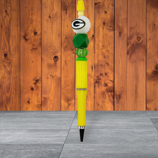 Green Bay Inspired Packers Beaded Pens - Round Bead Focal with Geometric Silicone Bead