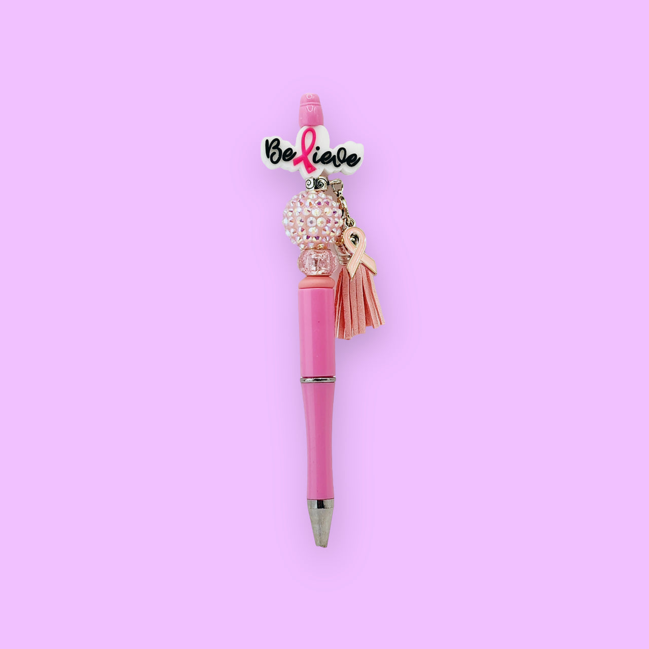 Breast Cancer Awareness Silicone Beaded Pen - Believe Focal with Charm and Tassel