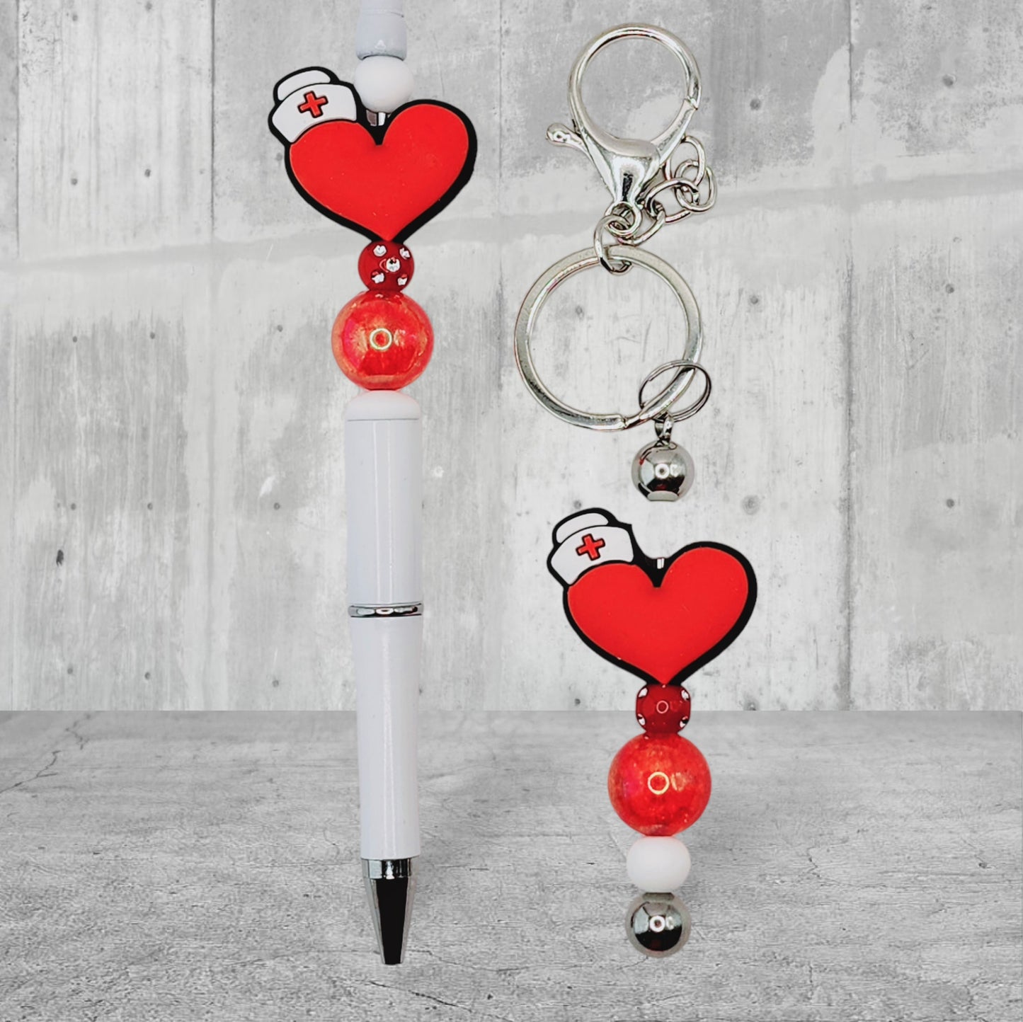 Nurse Theme Beaded Pen and Keychain Set - Silicone Heart With Red Beads