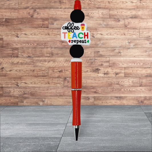 Teacher Themed Silicone Beaded Pen - Coffee Teach Repeat