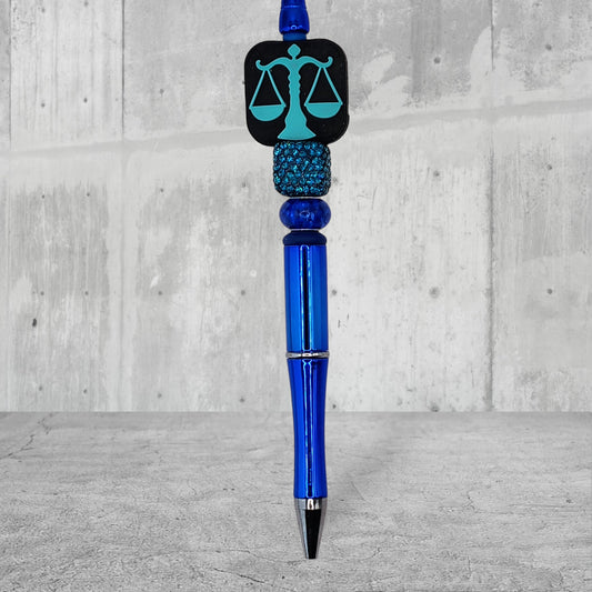 Lawyer Themed Beaded Pen - Scales of Justice - Silicone Focal Black and Teal With Rhinestone Cube