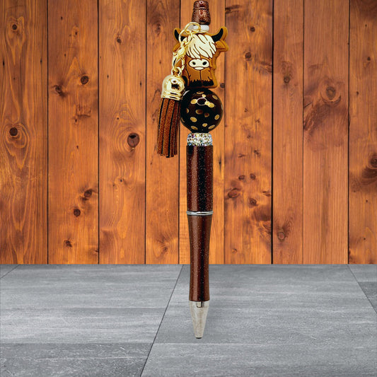 Highland Cow Silicone Beaded Pen (Brown) with Tassel and Brown Spotted Bead