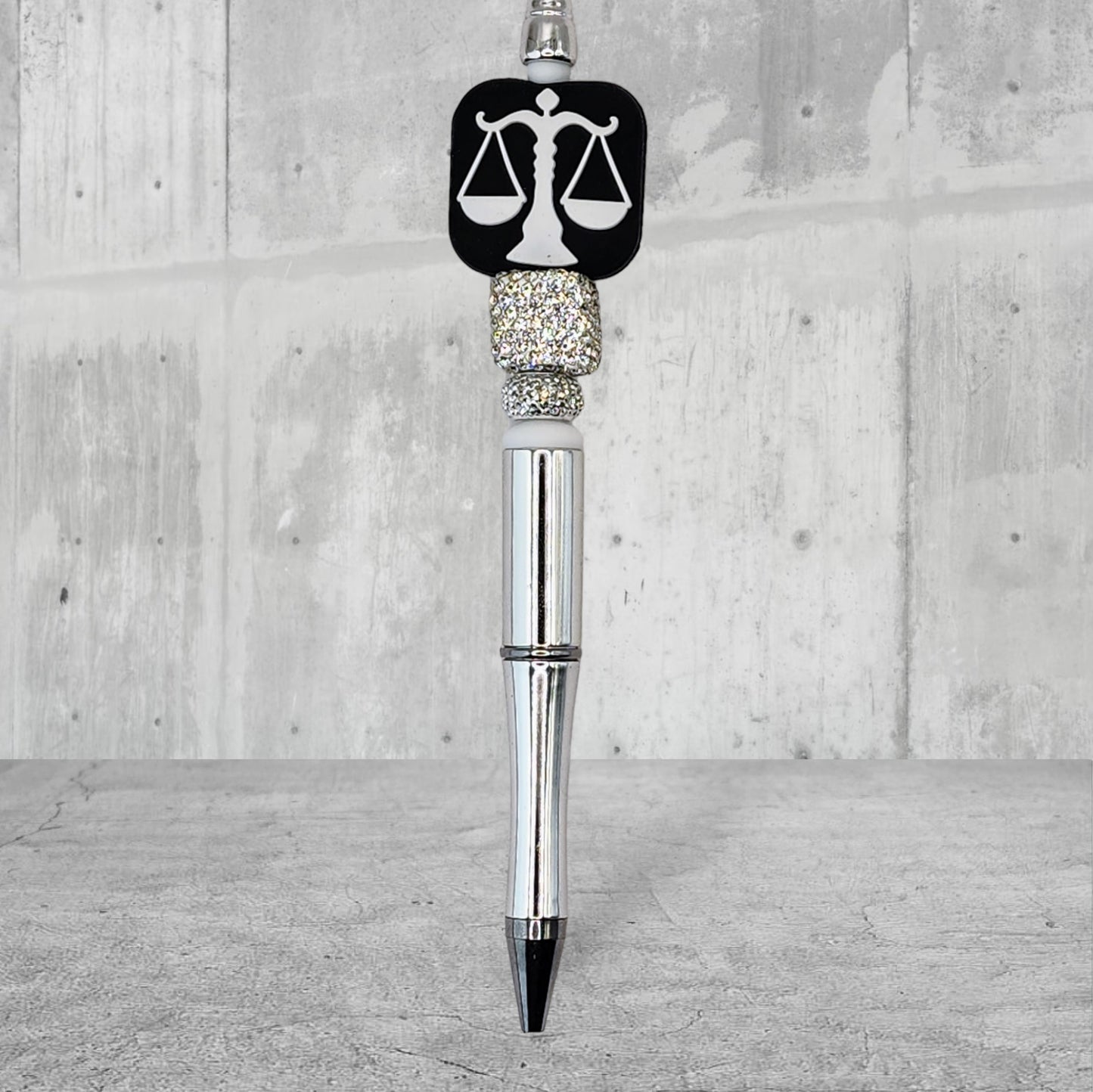 Lawyer Themed Beaded Pen - Scales of Justice - Silicone Focal Black and White With Rhinestone Cube