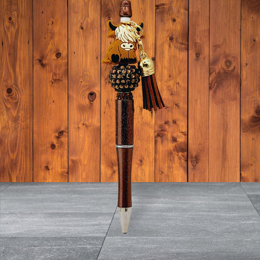 Highland Cow Silicone Beaded Pen (Brown) with Tassel and Brown Faceted Bead