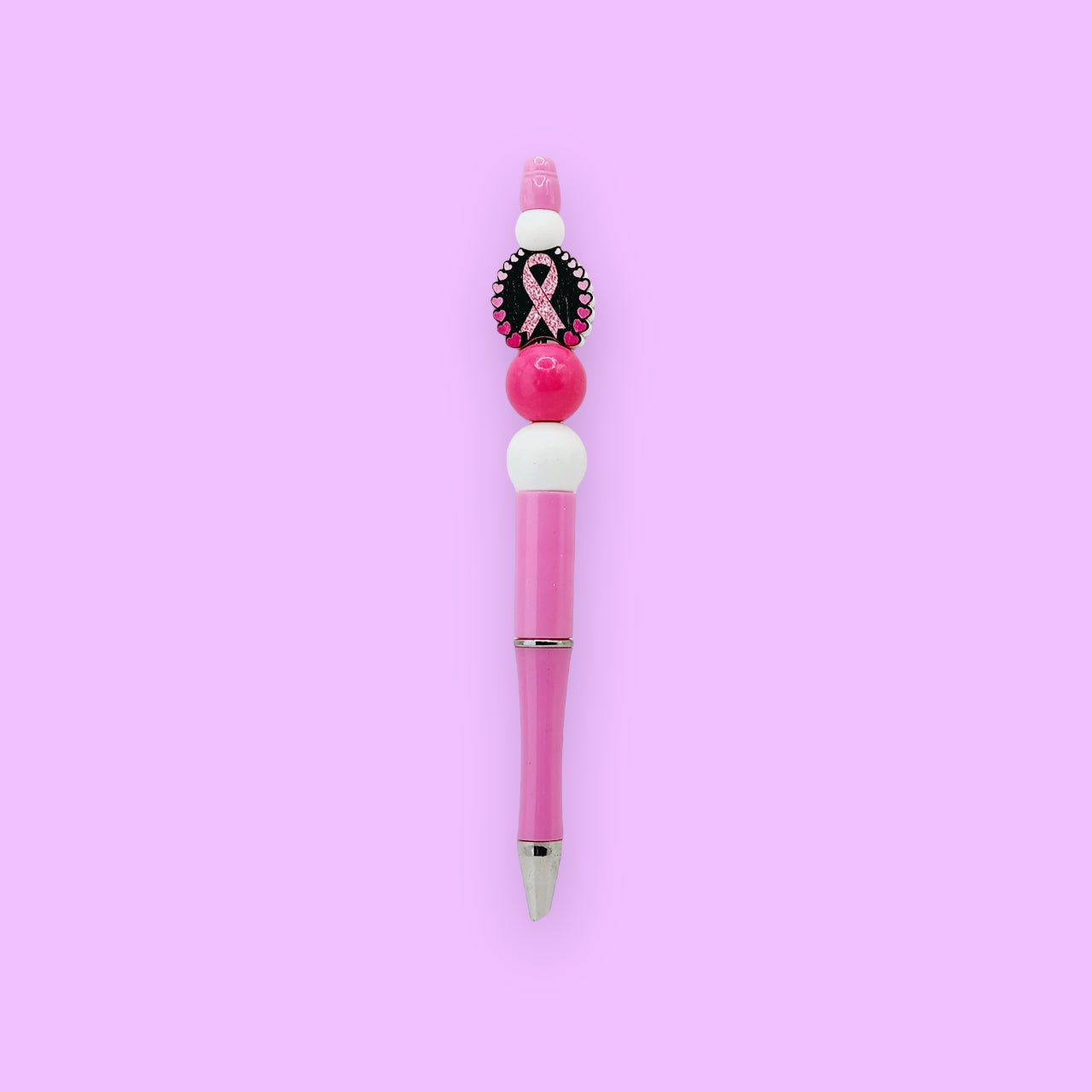 Breast Cancer Awareness Silicone Beaded Pen - Breast cancer ribbon with white and pink wooden beads