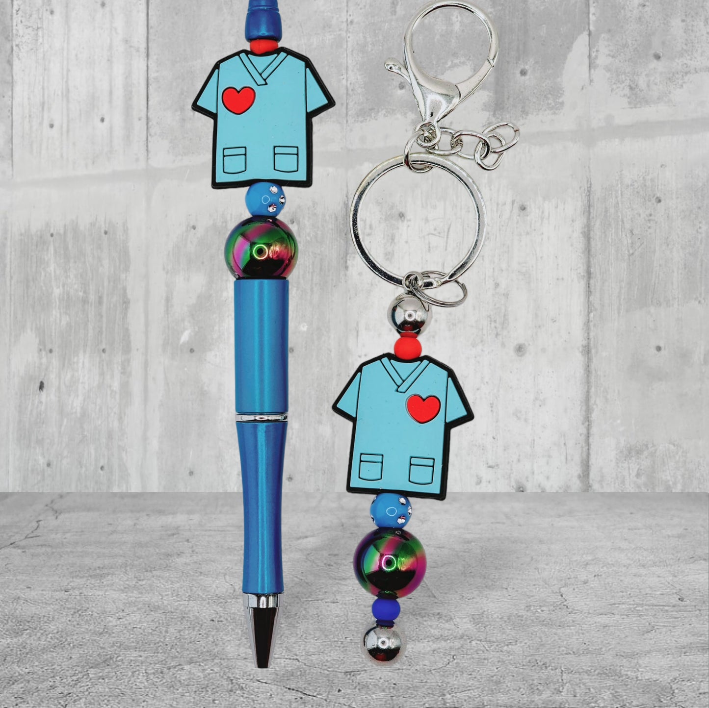 Scrub Shirt Beaded Pen and Keychain Set - Blue Silicone With Red Beads