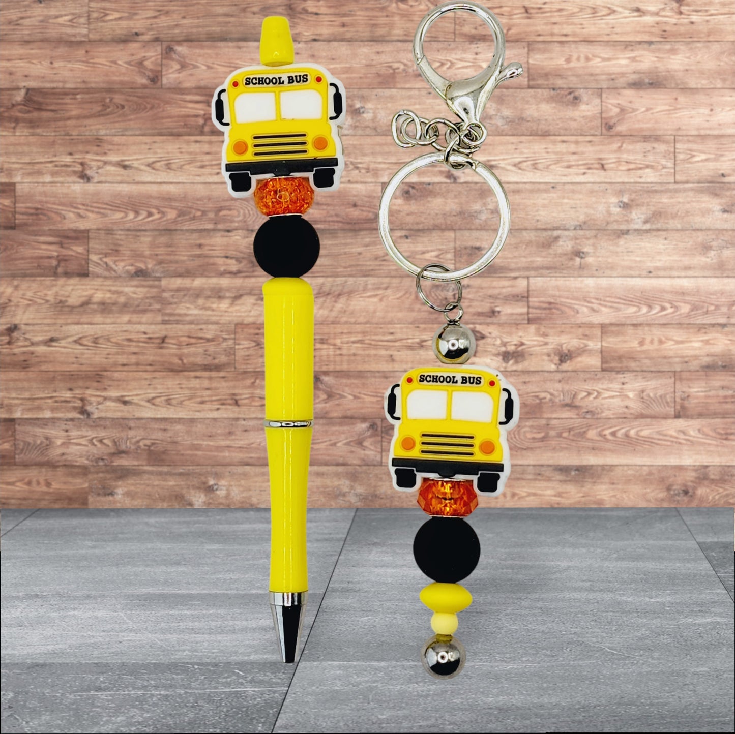 Teacher Themed Silicone Beaded Pen and Keychain Set - School Bus