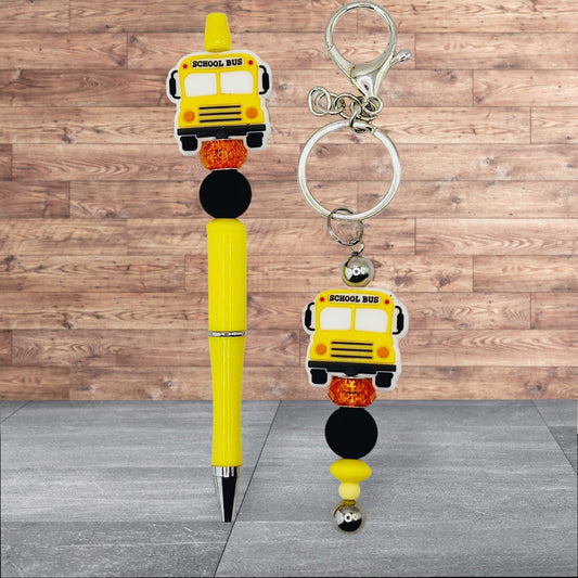 Teacher Themed Silicone Beaded Pen and Keychain Set - School Bus