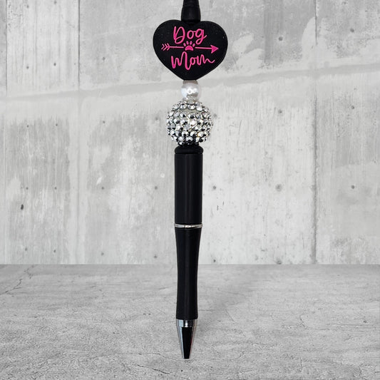 Pet Lovers Beaded Pen - Dog Mom - Silicone Black Heart Focal With Silver Rhinestone Bead