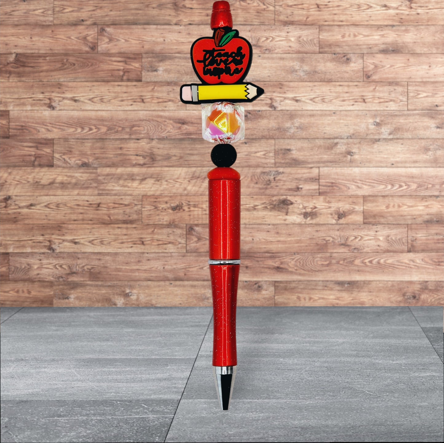 Teacher Themed Silicone Beaded Pen - Teach Love Inspire (Apple with Pencil)