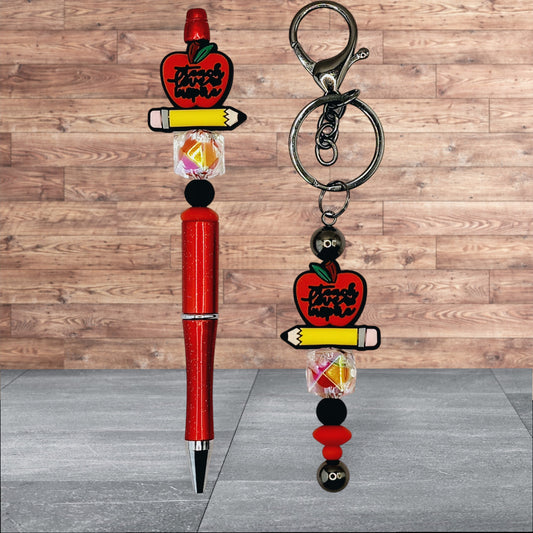 Teacher Themed Silicone Beaded Pen and Keychain Set - Teach Love Inspire (Apple with Pencil)