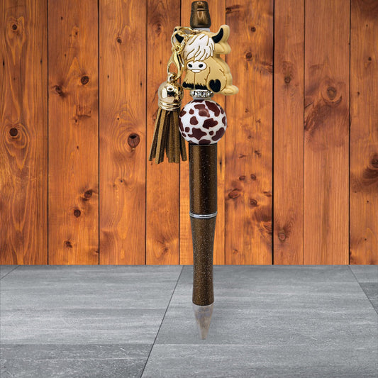 Highland Cow Silicone Beaded Pen (Tan) with Tassel and Dark Spotted Bead