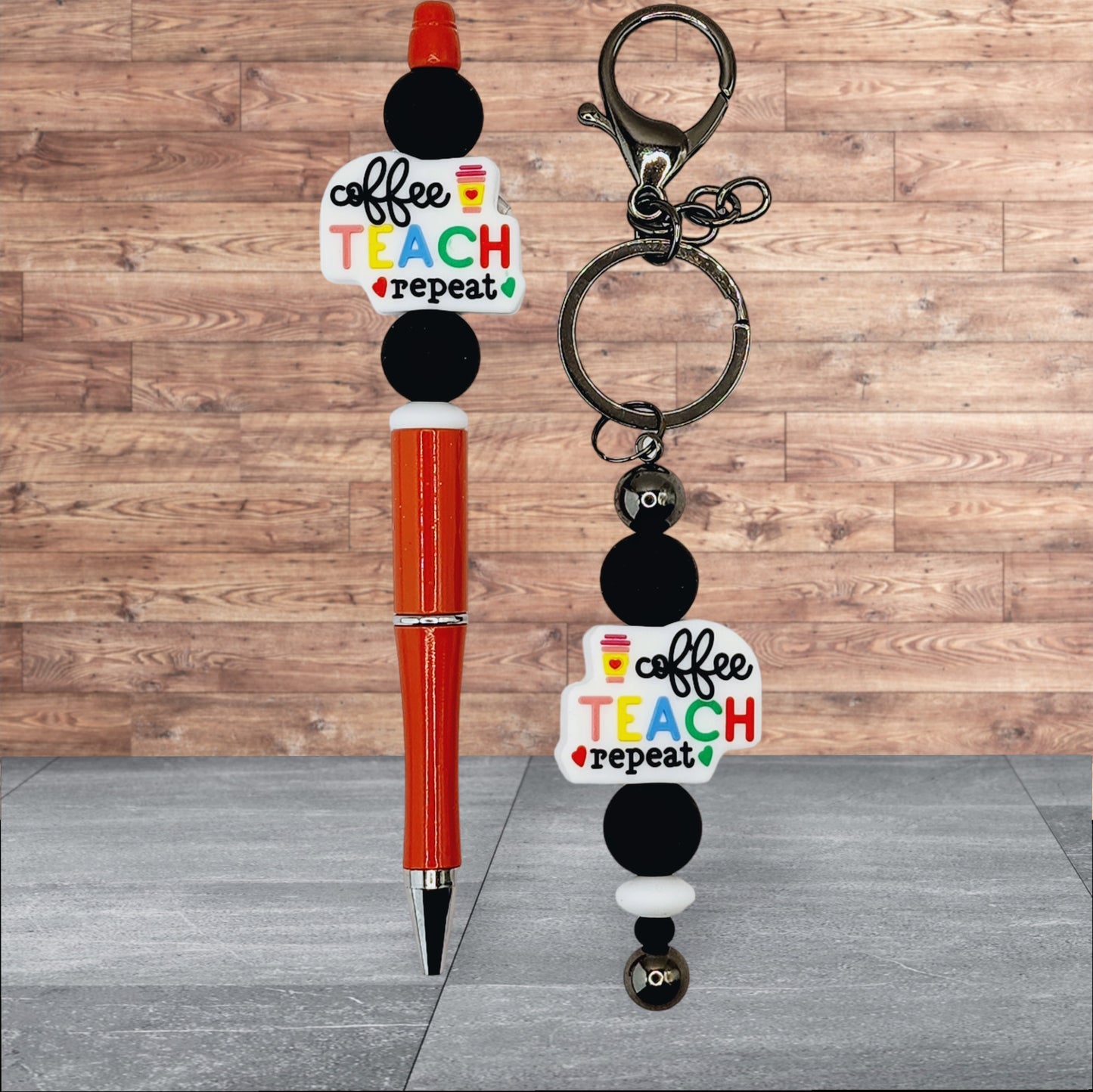 Teacher Themed Silicone Beaded Pen and Keychain Set - Coffee Teach Repeat