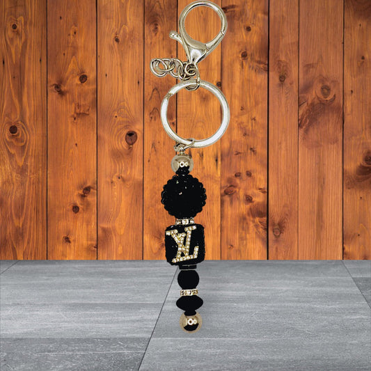 LV Inspired Beaded Keychain - Black Cube