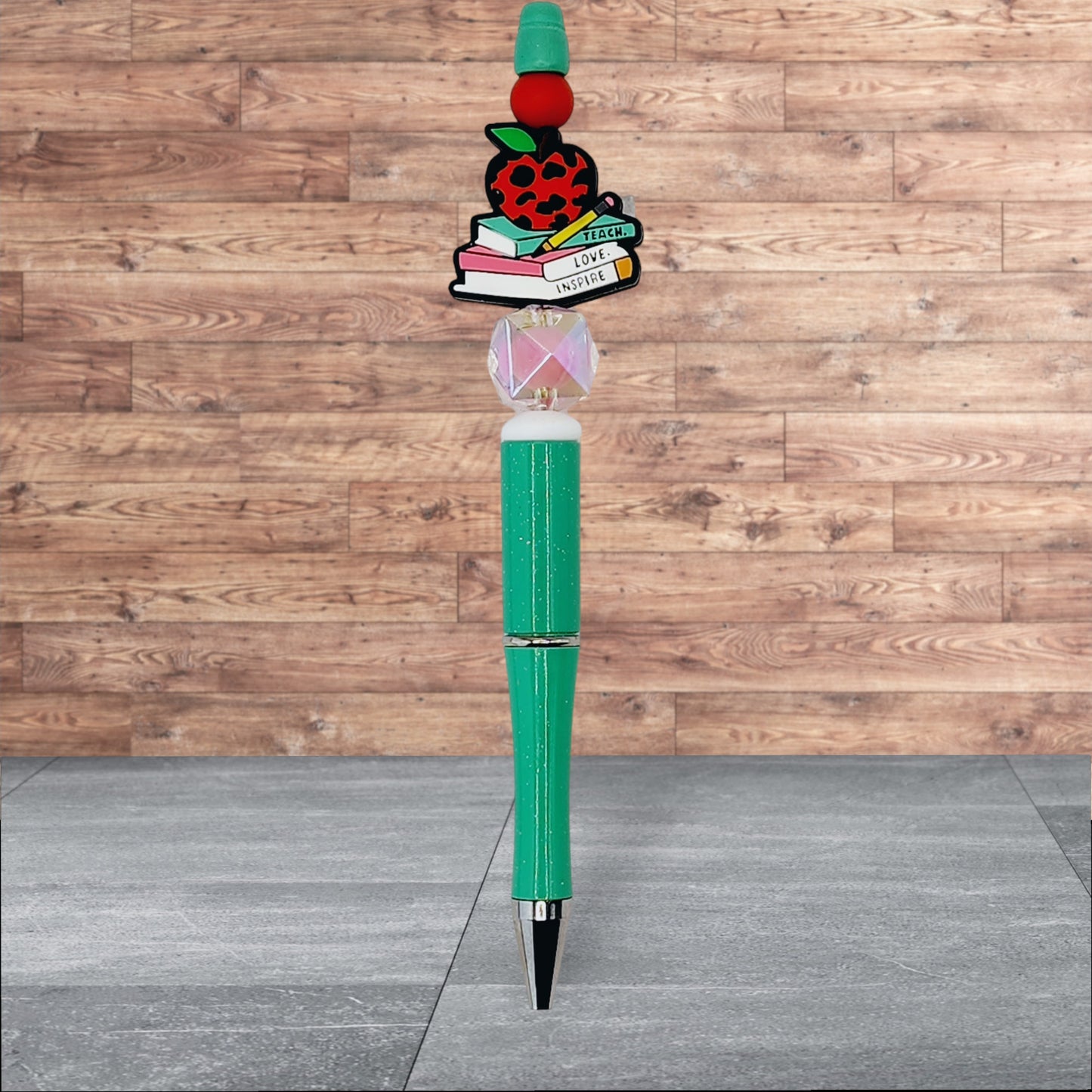 Teacher Themed Silicone Beaded Pen - Teach Love Inspire (Apple with Books)