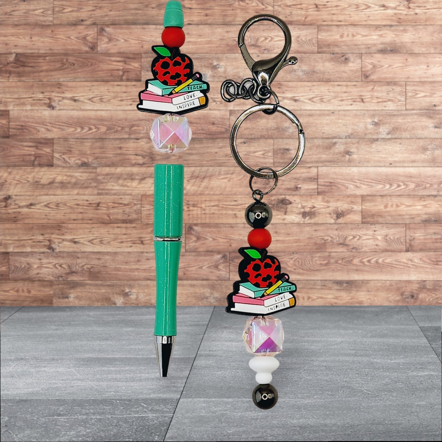 Teacher Themed Silicone Beaded Pen and Keychain Set - Teach Love Inspire (Apple with Books)