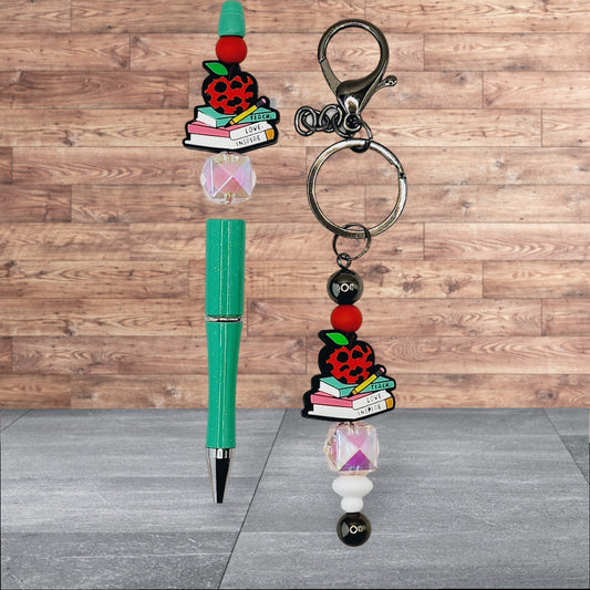 Teacher Themed Silicone Beaded Pen and Keychain Set - Teach Love Inspire (Apple with Books)