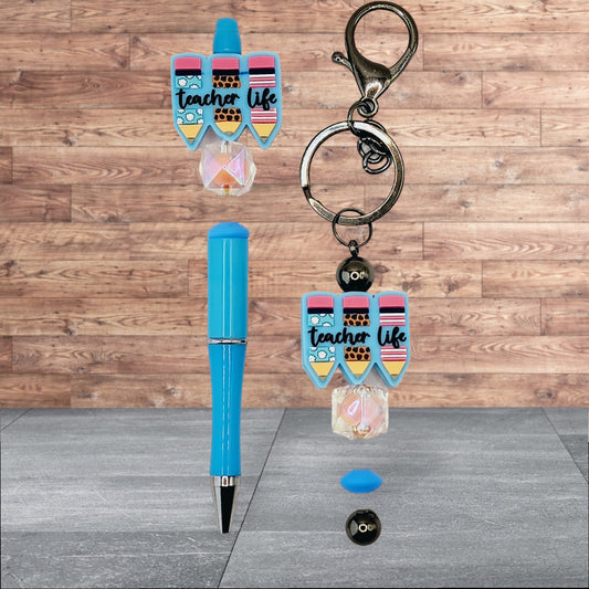 Teacher Themed Silicone Beaded Pen and Keychain Set - Teacher Life (Pencils)