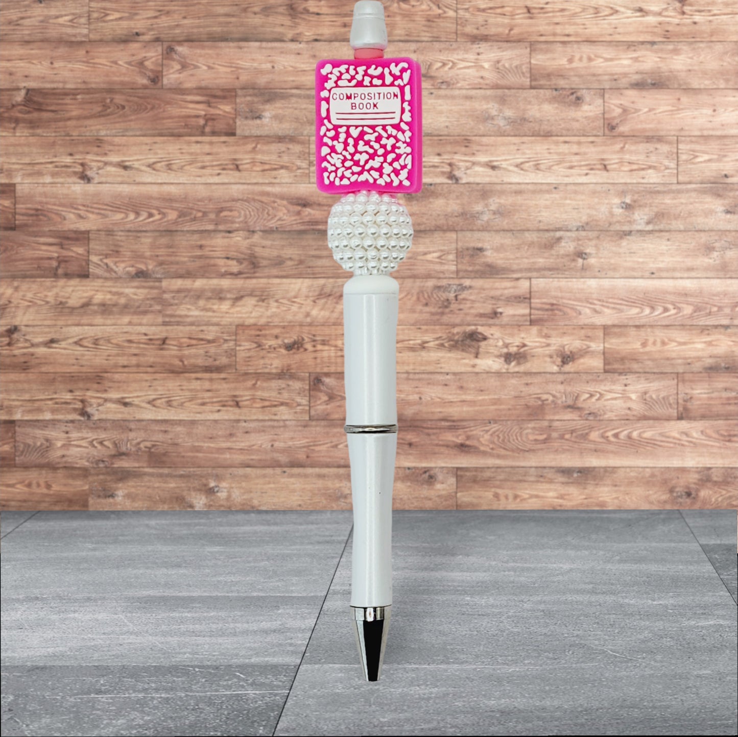 Teacher Themed Silicone Beaded Pen - Composition Book (Pink)