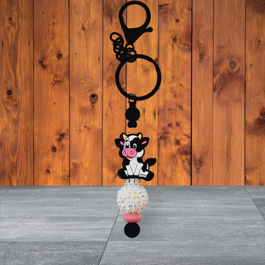 Black and White Silicone Cow Beaded Keychain