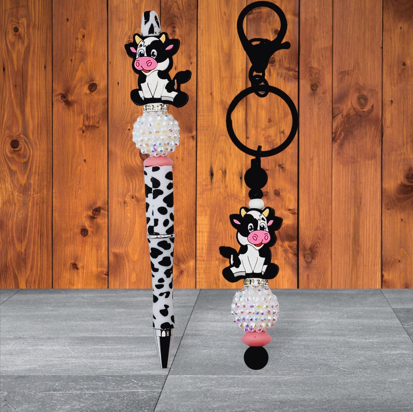 Black and White Silicone Cow Beaded Pen and Keychain Set