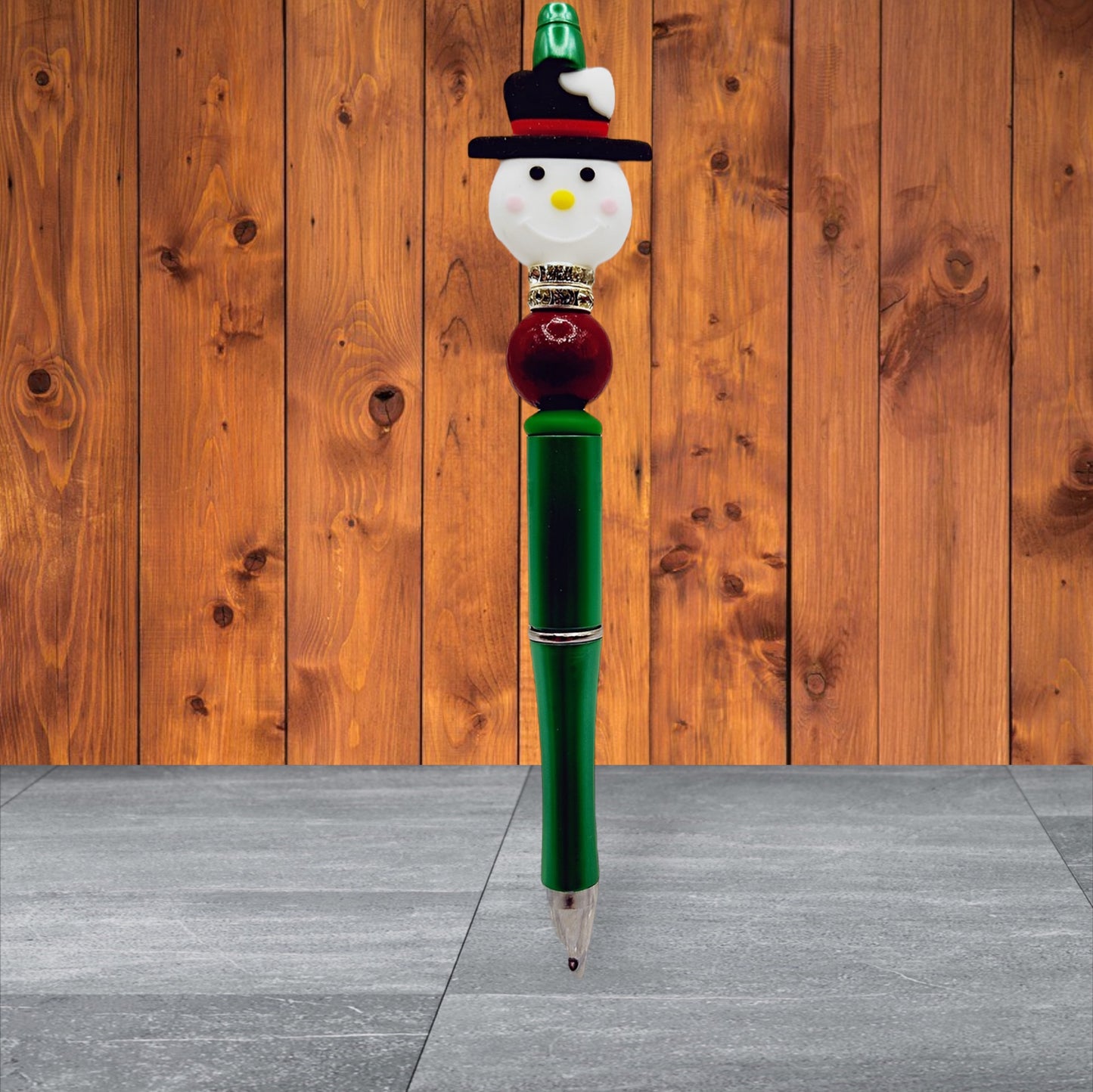 Winter Themed Beaded Pen - Silicone Snowman with Black Hat