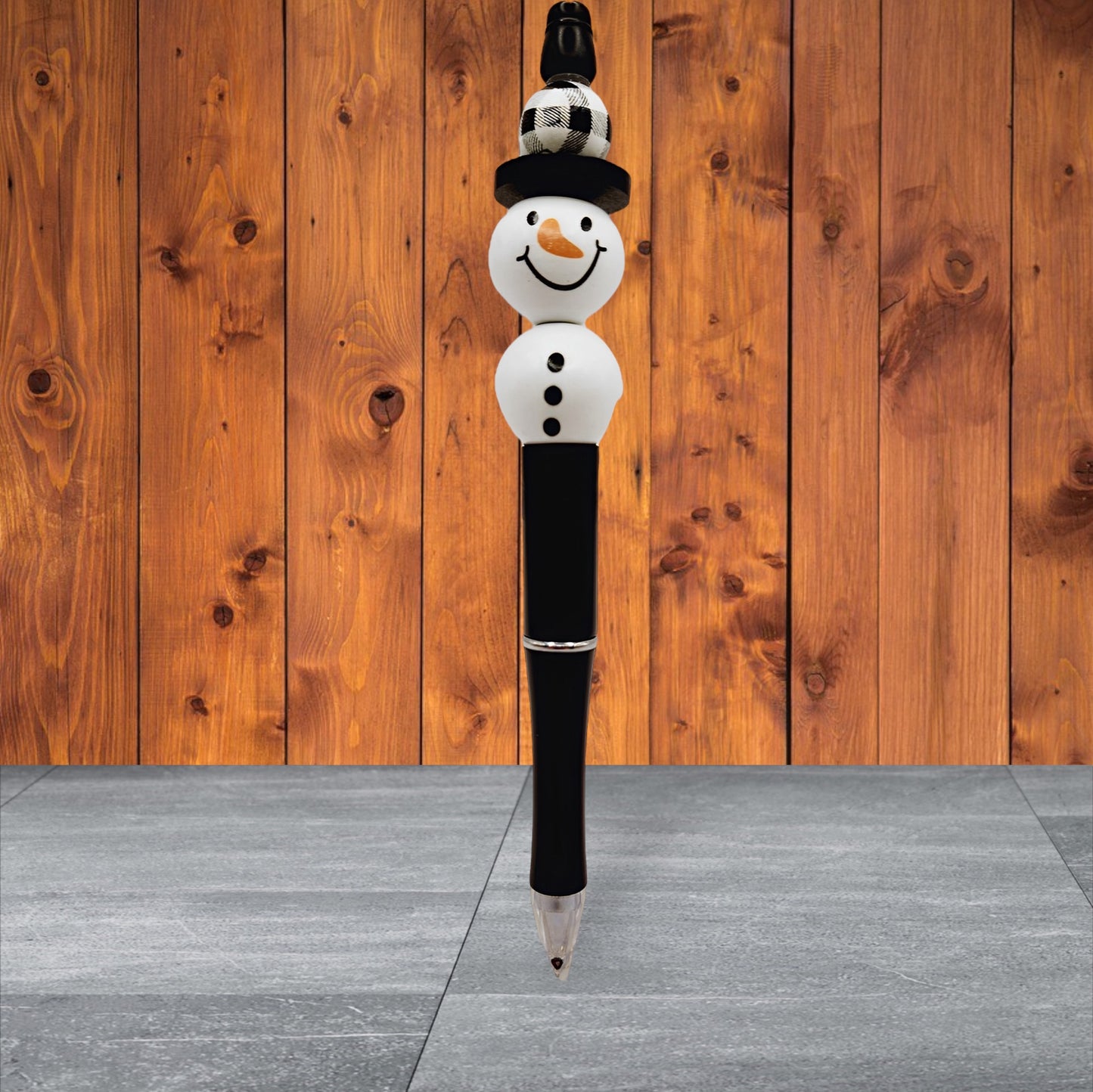 Winter Themed Beaded Pen - Snowman with Black Plaid Hat