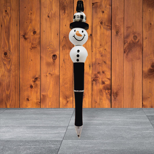 Winter Themed Beaded Pen - Snowman with Black Plaid Hat