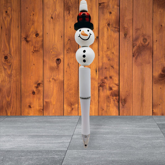 Winter Themed Beaded Pen - Snowman with Red Plaid Hat